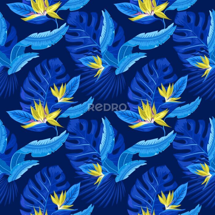 Papier peint  Modèle sans couture de vecteur de feuilles de palmier bleu tropical, feuilles de monstera et fleurs de corail de plumeria de l'oiseau du paradis (Strelitzia) sur un fond bleu clair. Design tendance de