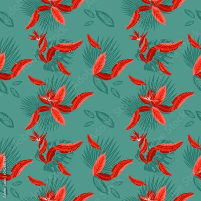 Papier peint  Modèle sans couture de vecteur de feuilles de palmier tropical, feuilles de monstera et fleurs de corail de l'oiseau de paradis (Strelitzia) plumeria. Design tendance de papier peint.