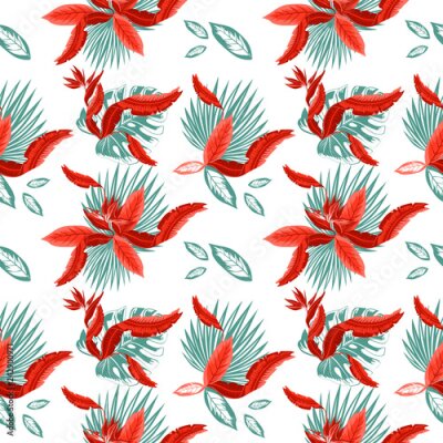 Papier peint  Modèle sans couture de vecteur de feuilles de palmier tropical, feuilles de monstera et fleurs de corail de l'oiseau de paradis (Strelitzia) plumeria. Design tendance de papier peint.