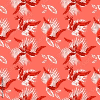 Papier peint  Modèle sans couture de vecteur de feuilles de palmier tropical, feuilles de monstera et fleurs de corail de l'oiseau de paradis (Strelitzia) plumeria. Design tendance de papier peint.