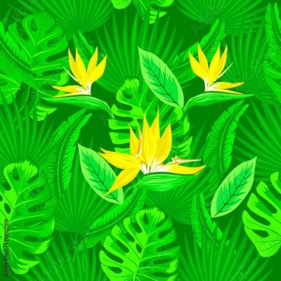 Papier peint  Modèle sans couture de vecteur de feuilles de palmier vert néon tropical, feuilles de monstera et fleurs jaunes de l'oiseau de paradis (Strelitzia) plumeria sur fond vert. Conception de tendance de pa
