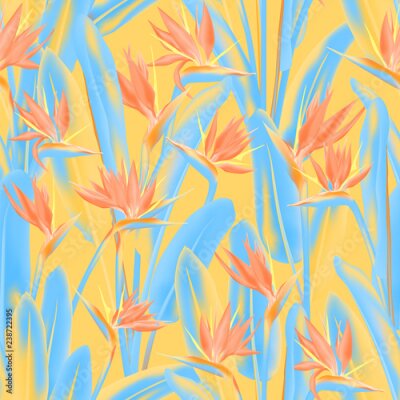 Papier peint  Modèle sans couture de vecteur de fleurs tropicales Strelitzia reginae. Conception de tissu tropical été jungle plante paradis. Afrique du Sud plante tropicale fleur de fleur de grue, strelitzia. Papi
