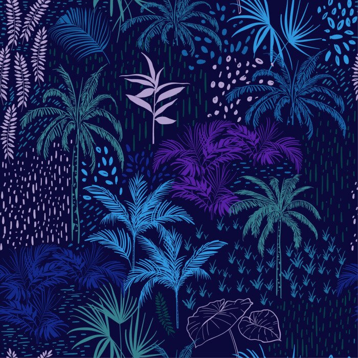 Papier peint  Modèle sans couture de vecteur de forêt bleue monotone pour les impressions tropicales de l'été mélangées avec coloré