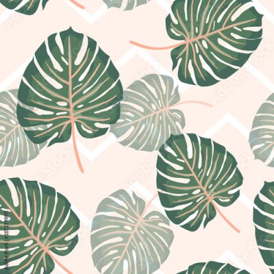 Papier peint  Modèle sans couture feuilles feuilles philodendron tropicales sur zig zag clair background.printing zig zag illustration wallpaper.vector