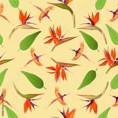 Papier peint  Modèle sans couture Strelitzia et oiseaux sur un fond jaune.