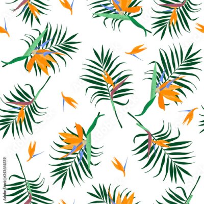 Papier peint  Modèle sans couture tropical de jungle. Feuilles de palmier vert dessinées à la main et fleurs de Strelitzia reginae. Modèle de conception, cartes postales, impression, affiche, fête, modèle, fond de 