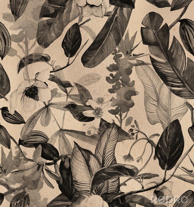 Papier peint  Modèle sans couture vintage, artisanat avec des fleurs tropicales, magnolia, fleur d'oranger, orchidée vanille, feuilles tropicales, feuilles de bananier
