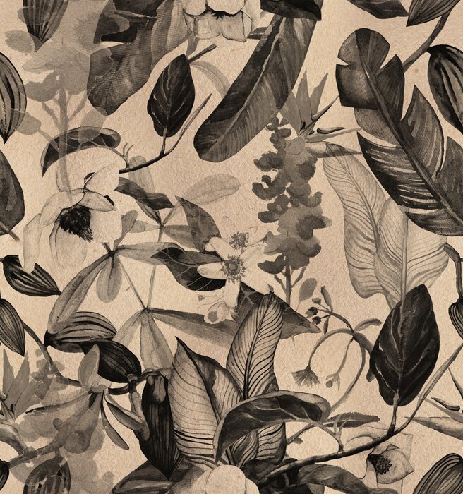 Papier peint  Modèle sans couture vintage, artisanat avec des fleurs tropicales, magnolia, fleur d'oranger, orchidée vanille, feuilles tropicales, feuilles de bananier