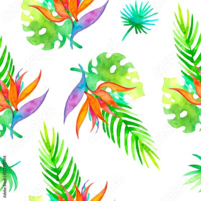 Papier peint  Modèle tropical sans couture de l'été Strelitzia avec fleur exotique - oiseau du paradis. Texture sans fin pour la saison printemps et en été design sur fond ultra violet
