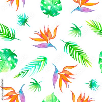 Papier peint  Modèle tropical sans couture de l'été Strelitzia avec fleur exotique - oiseau du paradis. Texture sans fin pour la saison printemps et en été design sur fond ultra violet