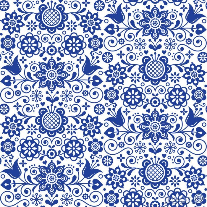 Papier peint  Modèle vector floral sans couture folk art, conception répétitive bleu marine scandinave, ornement nordique avec des fleurs