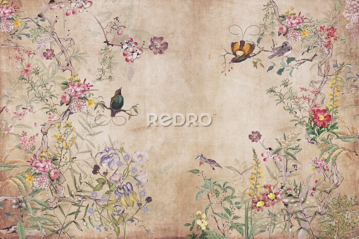 Papier peint  Modèle vintage avec oiseaux de paradis et fleurs