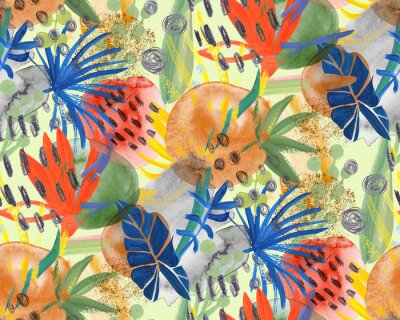 Papier peint  Modern abstract botanical pattern with tropical leaves and korolek strelitzia flowers in pink