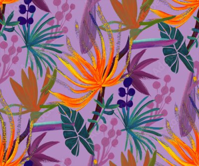 Papier peint  Modern abstract botanical pattern with tropical leaves and korolek strelitzia flowers in pink