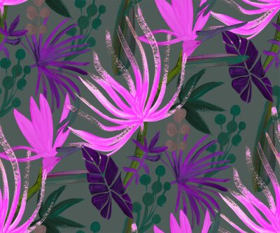 Papier peint  Modern abstract botanical pattern with tropical leaves and korolek strelitzia flowers in pink