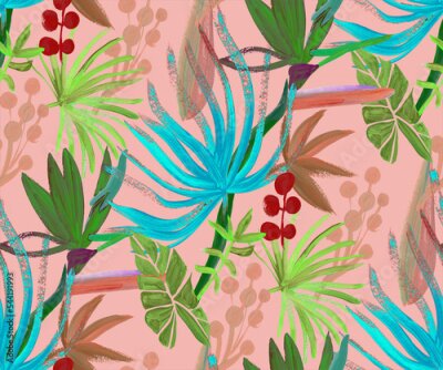 Papier peint  Modern abstract botanical pattern with tropical leaves and korolek strelitzia flowers in pink