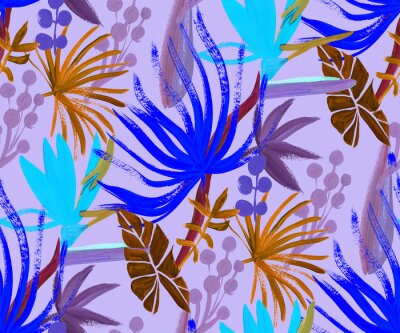 Papier peint  Modern abstract botanical pattern with tropical leaves and korolek strelitzia flowers in pink