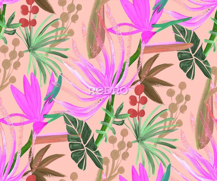Papier peint  Modern abstract botanical pattern with tropical leaves and korolek strelitzia flowers in pink