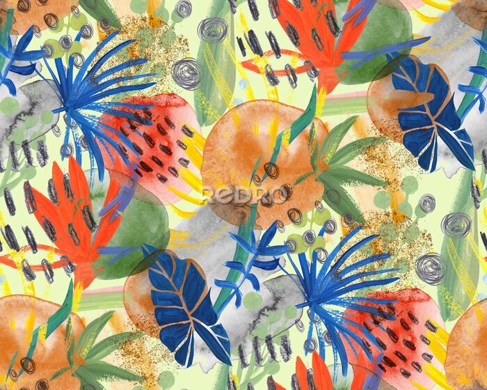 Papier peint  Modern abstract botanical pattern with tropical leaves and korolek strelitzia flowers in pink