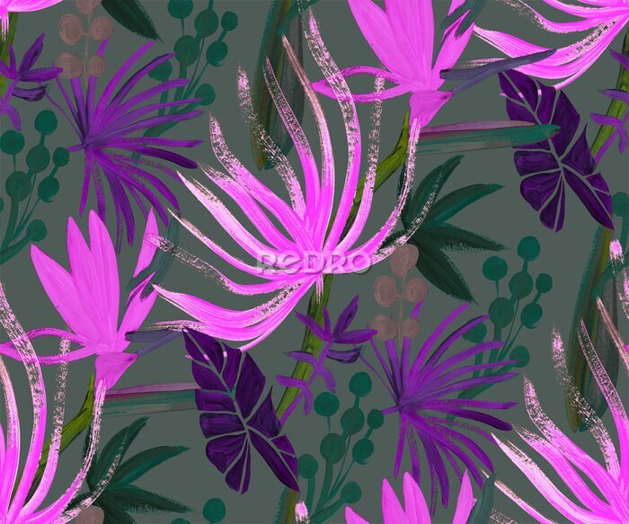 Papier peint  Modern abstract botanical pattern with tropical leaves and korolek strelitzia flowers in pink