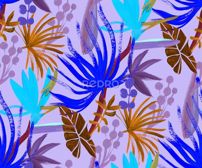 Papier peint  Modern abstract botanical pattern with tropical leaves and korolek strelitzia flowers in pink