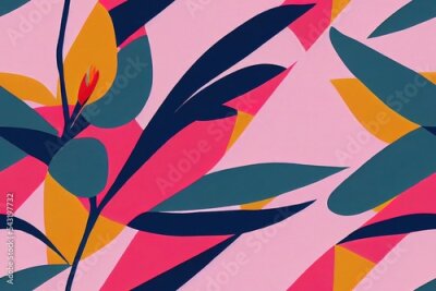 Papier peint  Modern abstract botanical pattern with tropical leaves and korolek strelitzia flowers in pink and red shades for summer textiles and surface design