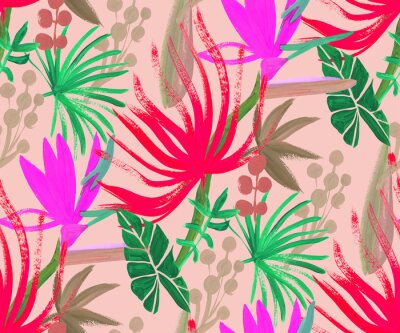 Papier peint  Modern abstract botanical pattern with tropical leaves and korolek strelitzia flowers in pink and red shades for summer textiles and surface design