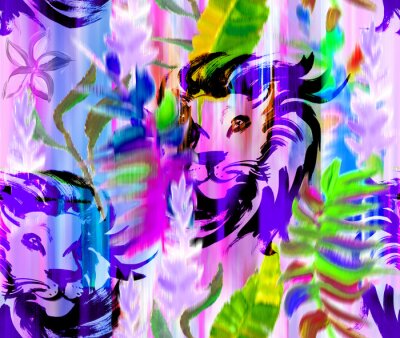 Papier peint  Modern abstract botanical pattern with tropical leaves and korolek strelitzia flowers in pink and red shades for summer textiles and surface design