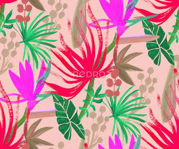 Papier peint  Modern abstract botanical pattern with tropical leaves and korolek strelitzia flowers in pink and red shades for summer textiles and surface design
