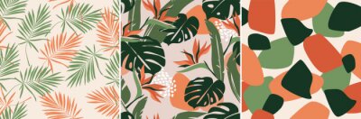 Papier peint  Modern artistic bright collage with tropical leaves, simple shapes, and strelitzia flowers. A set of seamless patterns. Contemporary exotic design for paper, cover, fabric, wallpaper, interior. Vector