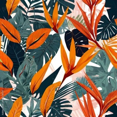 Papier peint  Modern artistic bright collage with tropical leaves, simple shapes, and strelitzia flowers. A set of seamless patterns. Contemporary exotic design for paper, cover, fabric, wallpaper, interior. Vector