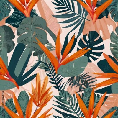 Papier peint  Modern artistic bright collage with tropical leaves, simple shapes, and strelitzia flowers. A set of seamless patterns. Contemporary exotic design for paper, cover, fabric, wallpaper, interior. Vector