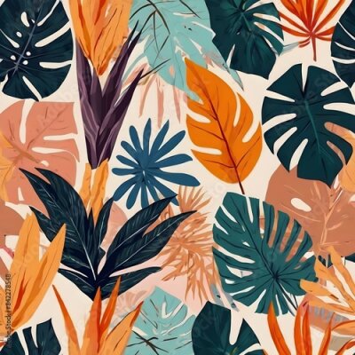 Papier peint  Modern artistic bright collage with tropical leaves, simple shapes, and strelitzia flowers. A set of seamless patterns. Contemporary exotic design for paper, cover, fabric, wallpaper, interior. Vector