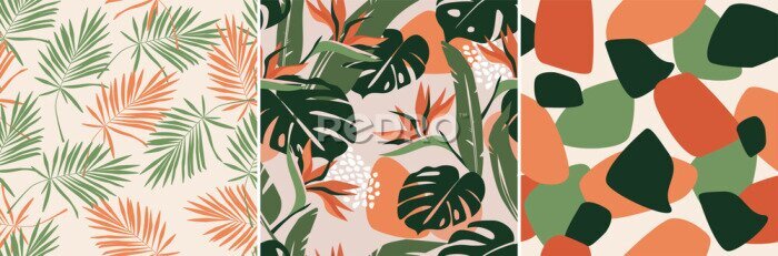 Papier peint  Modern artistic bright collage with tropical leaves, simple shapes, and strelitzia flowers. A set of seamless patterns. Contemporary exotic design for paper, cover, fabric, wallpaper, interior. Vector
