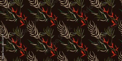 Papier peint  Modern bright seamless pattern with tropical leaves and strelitzia flowers at the dark black background. Contemporary exotic design for fabric, paper, cover,  wallpaper, interior etc. Vector