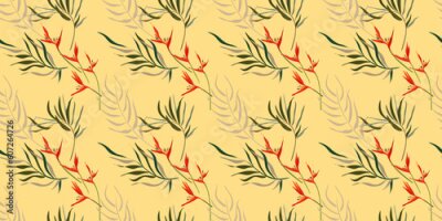 Papier peint  Modern bright seamless pattern with tropical leaves and strelitzia flowers at the light background. Contemporary exotic design for fabric, paper, cover,  wallpaper, interior etc. Vector