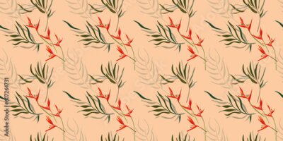 Papier peint  Modern bright seamless pattern with tropical leaves and strelitzia flowers at the light background. Contemporary exotic design for fabric, paper, cover,  wallpaper, interior etc. Vector