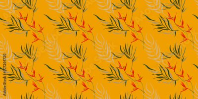 Papier peint  Modern bright seamless pattern with tropical leaves and strelitzia flowers at the light background. Contemporary exotic design for fabric, paper, cover,  wallpaper, interior etc. Vector