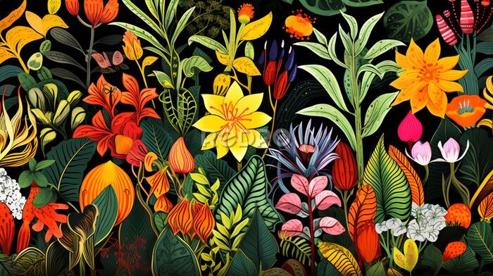 Papier peint  Modern colorful floral pattern. Cute botanical abstract contemporary pattern. Hand drawn unique print.