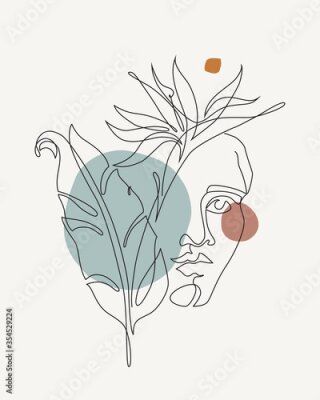Papier peint  Modern continuous line art of ancient greek goddess statue with geometric shapes, tropical florals: banana leaf, strelitzia flower.