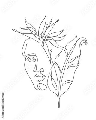 Papier peint  Modern continuous line art of ancient greek goddess statue with tropical florals: banana leaf, strelitzia flower