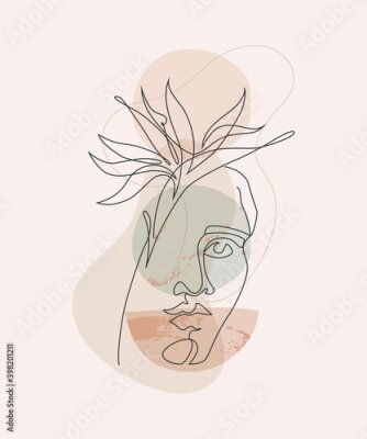 Papier peint  Modern continuous line art of woman face with geometric shapes, tropical strelitzia flower. Hand drawn illustration for fashion design, T-shirt, poster, cover, home decoration, Vector one line drawing