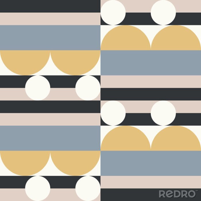 Papier peint  Modern vector abstract seamless geometric pattern with semicircles and circles in retro scandinavian style. Pastel colored simple shapes mosaic background. Bauhaus design inspired background.