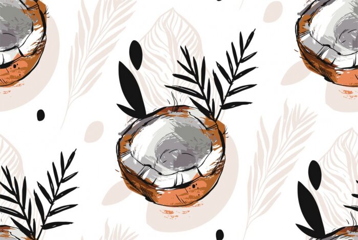 Papier peint  Moitiés de noix de coco et feuilles