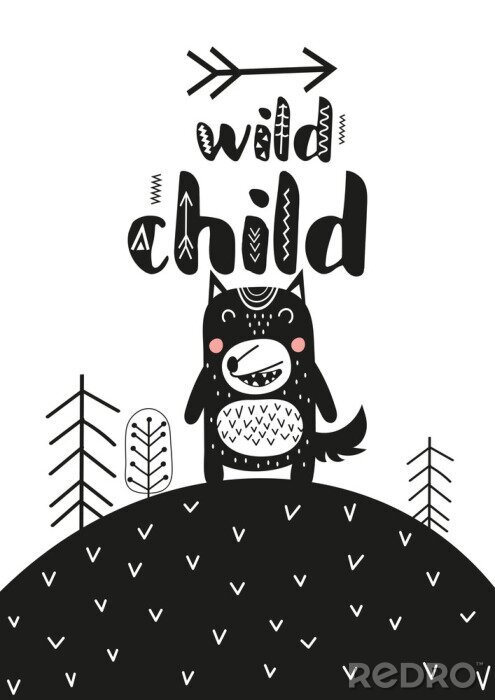 Papier peint  Monochrome poster for nursery scandi design with cute wolf in Scandinavian style. Vector Illustration. Kids illustration for baby clothes, greeting card, wrapper. Wild child.