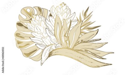 Papier peint  Monster leaves, flowers of tropical plants of Guam and Royal Strelitzia. Gold outline of flowers, floral element for design. Indian flower, oriental exotic plants, vector. 