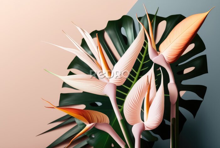Papier peint  Monstera leaf and strelitzia flowers, Generative AI