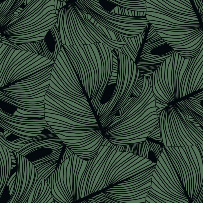 Papier peint  Monstera leaves seamless pattern on black background. Tropical pattern, botanical leaf backdrop.