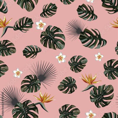 Papier peint  Monstera seamless plumeria strelitzia pink background