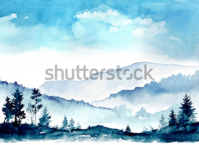 Papier peint  Montagnes aquarelles bleues